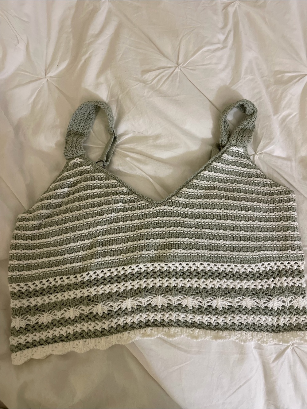 Hollister Sage Green and White Striped Crochet Cropped Tank